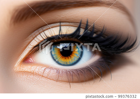 female eye close up. Human eye realistic beautiful closeup zoom. woman with modern makeup. Generative AI female eye close up. Human eye realistic beautiful closeup zoom. woman with modern makeup. Generative AI 99376332