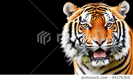 Portrait of tiger on black background. Menacing stare bengal tiger. Portrait bengal tiger on black background. Wild cats background. copy space. Generative AI Portrait of tiger on black background. Menacing stare bengal tiger. Portrait bengal tiger on black background. Wild cats background. copy space. Generative AI 99376369