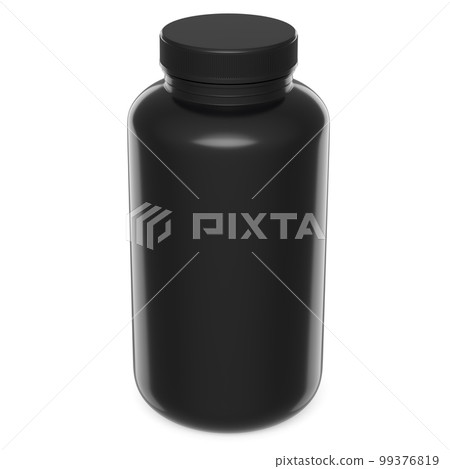Black plastic jar for sport nutrition whey protein powder isolated on white 99376819