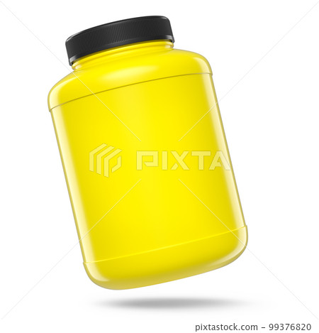 Yellow plastic jar for sport nutrition whey protein powder isolated on white Yellow plastic jar for sport nutrition whey protein powder isolated on white 99376820