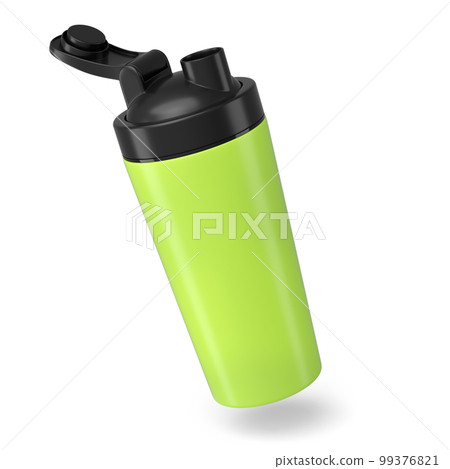 Green plastic sport shaker for protein drink isolated on white background. 99376821