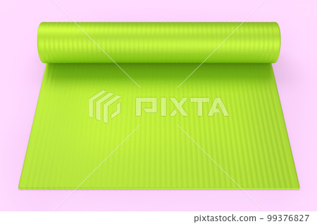 Green yoga mat or lightweight foam camping bed roll pad isolated on pink. Green yoga mat or lightweight foam camping bed roll pad isolated on pink. 99376827