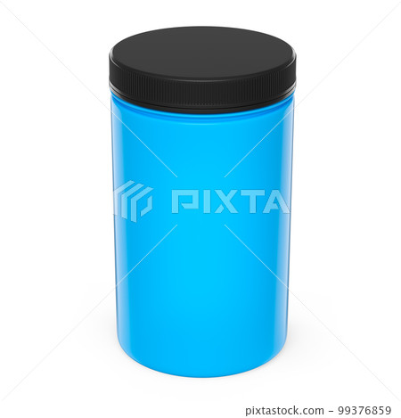 Blue plastic jar for sport nutrition whey protein powder isolated on white Blue plastic jar for sport nutrition whey protein powder isolated on white 99376859