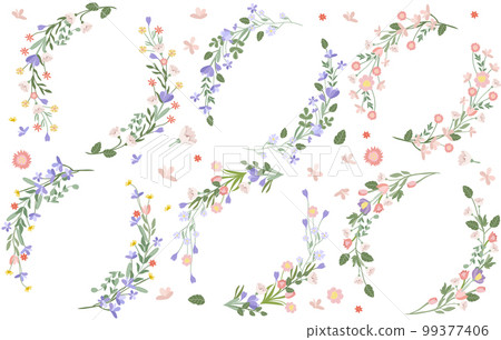 A collection of bright, creative, blooming wreaths in pastel colors. Color wreaths are perfect for banners, posters, birthdays, weddings and more. Vector graphics 99377406