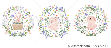 Bright compositions with a cute rabbit, a wreath of flowers, leaves, hearts. Spring-summer flowering. Flowers of chamomile, lavender, crocuses, tulips. Vector graphics 99377416