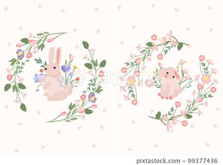 Bright compositions with a cute rabbit, a wreath of flowers, leaves, hearts. Spring-summer flowering. Flowers of chamomile, lavender, crocuses, tulips. Vector graphics Bright compositions with a cute rabbit, a wreath of flowers, leaves, hearts. Spring-summer flowering. Flowers of chamomile, lavender, crocuses, tulips. Vector graphics 99377436