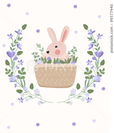 Composition with a blooming wreath and a cute rabbit inside. Spring-summer flowering. Bright compositions are suitable for banners, posters, Easter, spring. Vector graphics 99377440