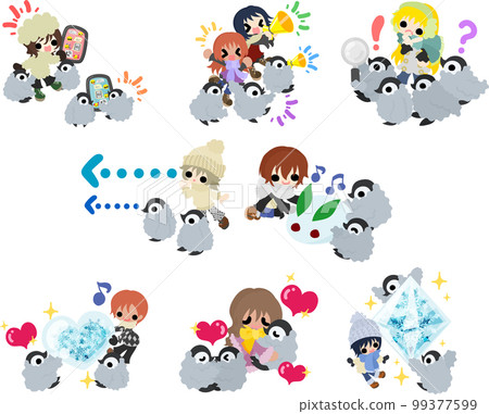 可愛的小企鵝和小孩聚會和玩樂的插圖 可愛的小企鵝和小孩聚會和玩樂的插圖 99377599