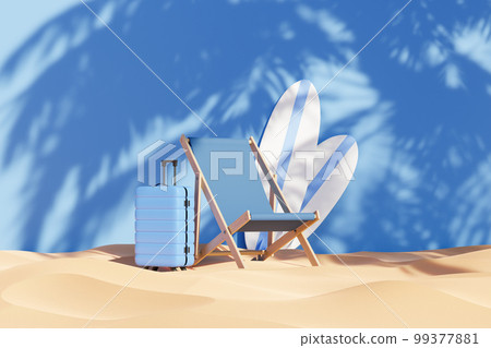 A deck chair, luggage and two surfboards 3d render 99377881