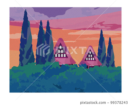 Oil painting style Beautiful Japanese mountain village scenery with old folk houses 99378243
