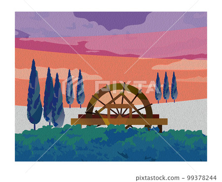 油畫風格 帶水車的美麗日本山村景觀 油畫風格 帶水車的美麗日本山村景觀 99378244