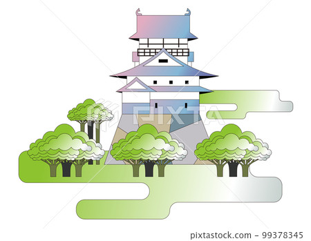 A view of a park with cherry blossoms and a castle 99378345