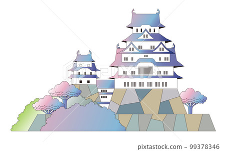 A view of a park with cherry blossoms and a castle A view of a park with cherry blossoms and a castle 99378346