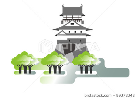 A view of a park with cherry blossoms and a castle 99378348