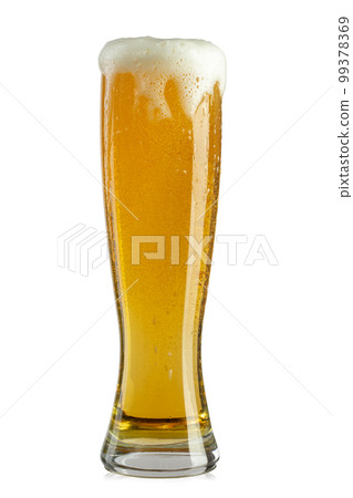Glass of beer on white background. The foam of the drink pours over the glass. Glass of beer on white background. The foam of the drink pours over the glass. 99378369
