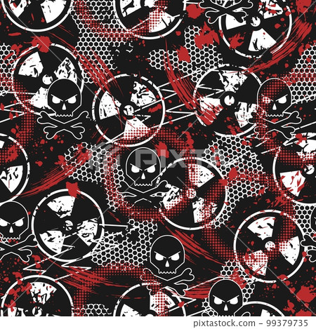 Seamless black, white, red pattern with ionizing radiation symbol, paint brush strokes, skull and crossbones, hexagon net. Good for apparel, fabric, textile, sport goods. Trash polka style Seamless black, white, red pattern with ionizing radiation symbol, paint brush strokes, skull and crossbones, hexagon net. Good for apparel, fabric, textile, sport goods. Trash polka style 99379735