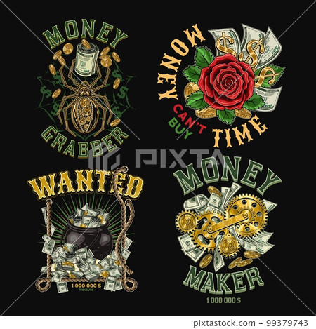 Set of colorful money vintage labels with text. Fantasy, creative, meaningful, surreal, fancy concept of illustrations. Black background. For prints, clothing, apparel, tattoo, t shirt, surface design Set of colorful money vintage labels with text. Fantasy, creative, meaningful, surreal, fancy concept of illustrations. Black background. For prints, clothing, apparel, tattoo, t shirt, surface design 99379743