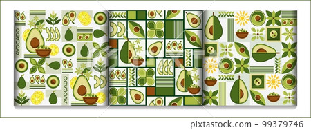 Set of seamless geometric patterns with avocado 99379746