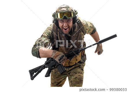 A professional mercenary soldier leaving the kill zone on contact with the enemy. 99380033