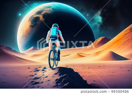 Bicycle tour of an astronaut in a space suit over the dunes of the moon with the big terrestrial globe in the background, made with generative AI 99380486