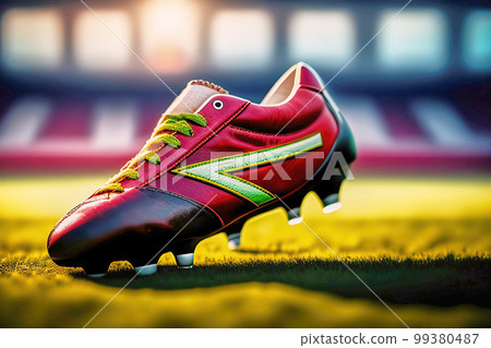 Product illustration of a used old football boot on a green grass field with the stadium stands in the background, made with generative AI 99380487
