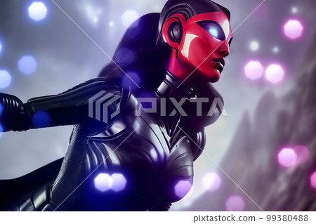 Robot in black combat suit with a red mask of a cyborg and spots of light in the background, made with generative AI 99380488