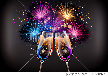 illustration of fireworks and glasses of champagne. Generative AI 99380974