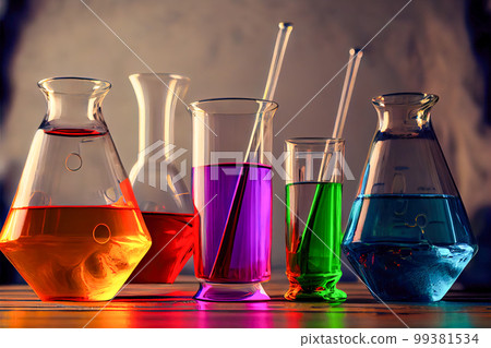 chemical flasks with colorful liquids. 3d illustration. Generative AI 99381534