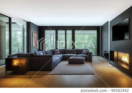 Interior living room with black furniture, an atmospheric fireplace and floor-to-ceiling windows, made with generative AI 99381942