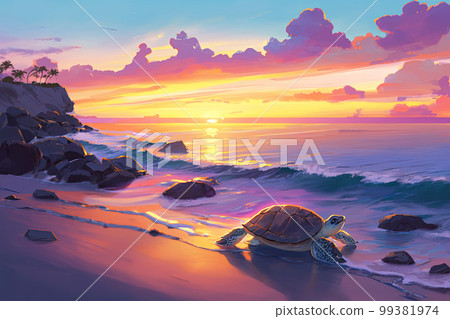 Sunset beach and a sea turtle Sunset beach and a sea turtle 99381974