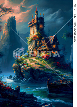fairy tale castle illustration. Generative AI 99382107