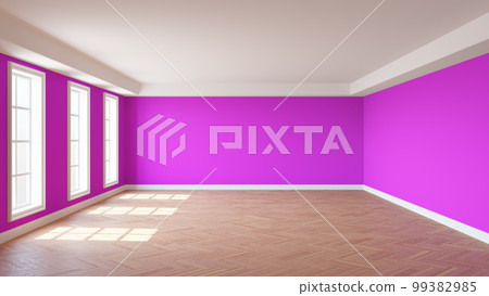 Empty Interior of the Room with Pink Walls, Three Windows, White Ceiling Cornice, Glossy Herringbone Parquet Floor and a White Plinth. 3D render with a Work Path on the Window. 8K Ultra HD, 7680x4320 Empty Interior of the Room with Pink Walls, Three Windows, White Ceiling Cornice, Glossy Herringbone Parquet Floor and a White Plinth. 3D render with a Work Path on the Window. 8K Ultra HD, 7680x4320 99382985
