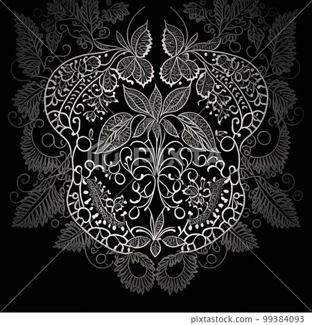 Retro lace pattern on black background. Elegant monochrome fabric design Retro lace pattern on black background. Elegant monochrome fabric design 99384093