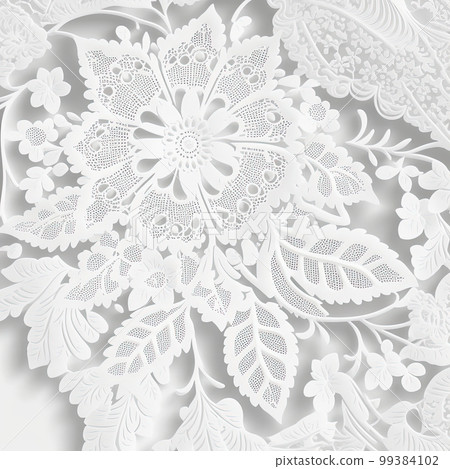 Retro white lace pattern with flowers. Elegant monochrome fabric design Retro white lace pattern with flowers. Elegant monochrome fabric design 99384102