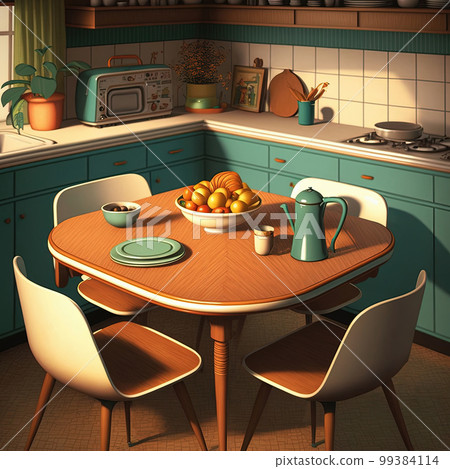 Retro kitchen interior design in modern mid century style. Generative AI 99384114