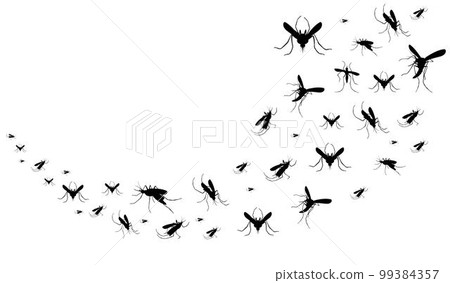 Mosquito insects fly, bugs silhouette. Black sketch of gnat, group of pests, zika or animal malaria epidemic. Bloodsucker control with repellent spray. Vector cartoon isolated on white illustration Mosquito insects fly, bugs silhouette. Black sketch of gnat, group of pests, zika or animal malaria epidemic. Bloodsucker control with repellent spray. Vector cartoon isolated on white illustration 99384357