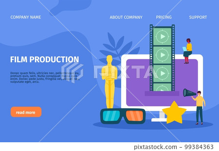 Watching online video film, movie landing page. 3d cinema production, media festival or show, man and woman characters. Web banner template, huge screen and tiny people. Vector poster nowaday concept 99384363