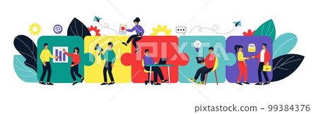 People team works, puzzle connect. Office partnership and teamwork, building success strategy together. Tiny office workers, huge jigsaw. Men and women creative brainstorming. Vector flat tidy concept People team works, puzzle connect. Office partnership and teamwork, building success strategy together. Tiny office workers, huge jigsaw. Men and women creative brainstorming. Vector flat tidy concept 99384376