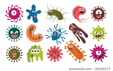 Virus germ characters, coronavirus and flu bacteria. Funny pathogenic bacterium, cute mood cell, comic cancer monster. Ill pathogen and circle microbe cells. Vector cartoon flat current illustration Virus germ characters, coronavirus and flu bacteria. Funny pathogenic bacterium, cute mood cell, comic cancer monster. Ill pathogen and circle microbe cells. Vector cartoon flat current illustration 99384377
