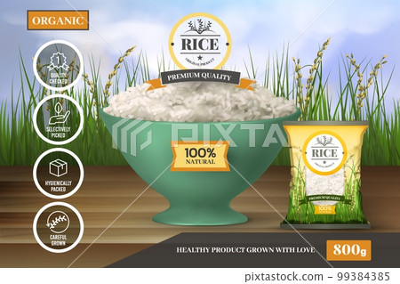 3D rice. Cereal crop. Natural Thailand package. Sketch of basmat. Vietnam fields food product. Organic white nature harvest. Full bowl. Agriculture landscape. Vector exact advertising banner design 99384385
