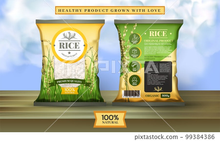 Thai jasmine rice. 3D packaging for solid food products. Organic dessert or fresh eat logo. Natural Thailand grain label design. Seeds pack. Vegan nutrition. Vector exact realistic package template 99384386