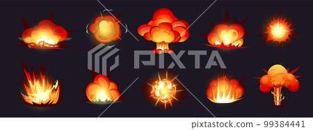 Superhero blowing explosion. Bomb destruction. Comics atomic fire. Blast power flash or dynamite explode. Rocket animation flame. Detonation effect. Game isolated elements set. Vector recent image Superhero blowing explosion. Bomb destruction. Comics atomic fire. Blast power flash or dynamite explode. Rocket animation flame. Detonation effect. Game isolated elements set. Vector recent image 99384441