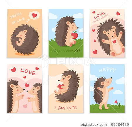 Hedgehog hugs. Cute printable greeting cards. Funny heart. Valentine love. Little apple. Happy forest characters. Dreaming wild animal. Romantic holiday banners set. Vector cartoon utter illustration 99384489