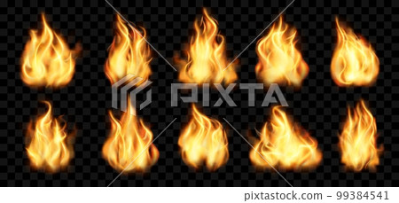 Realistic fire. Burn effect with red flare. Torch blaze. Bonfire light. Orange flame with spark and smoke. Isolated campfire or fireball. Hot hell elements set. Vector transparent neoteric background 99384541