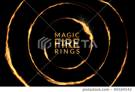 Fire rings. Hell concentric circle borders. Burn circular frame. Spark flame disks. Ignite hot dark banner design. Fiery inferno. Magic bonfire lights. Vector realistic neoteric background template 99384542