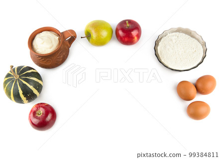 Products, baking ingredients isolated on white background. Free space for text. 99384811