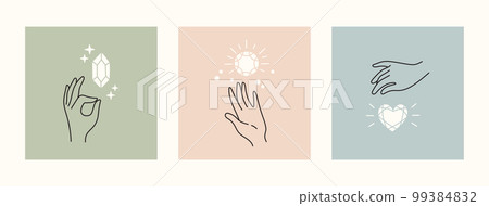 Mystical and esoteric vector cards in trendy minimal lineart style. Vector in boho style hands and mystical objects 99384832