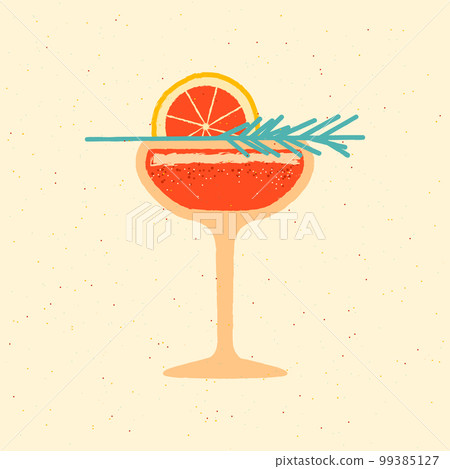 Bright retro cocktail drink glass with grapefruit and rosemary. Flat vector illustration 99385127