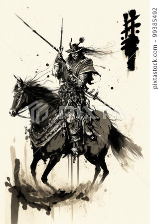 Samurai riding a horse in ink painting 99385492