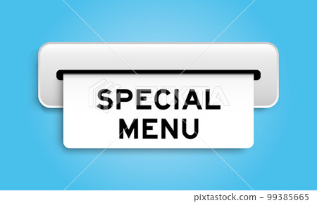 White coupon banner with word special menu from machine on blue color background White coupon banner with word special menu from machine on blue color background 99385665